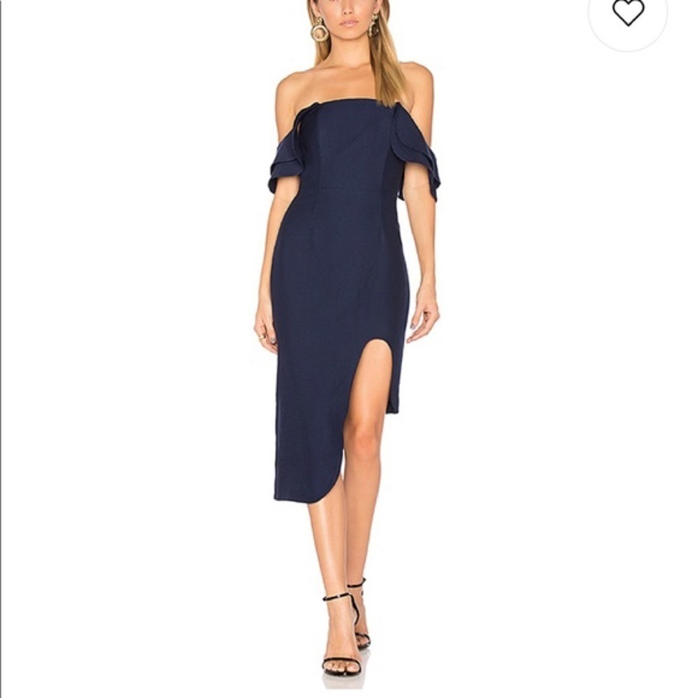 C/MEO Navy Blue Crepe Off the Shoulder Front Slit Midi Cocktail Dress Small (S)